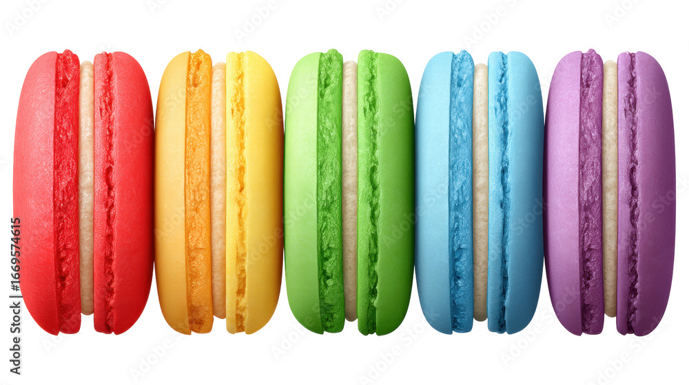 Poster isolated transparent background colorful macaron row rainbow colors showing texture and filling with