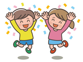 Illustration of a boy and girl jumping and cheering in joy