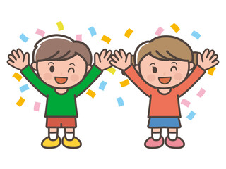 Smiling Boy and Girl Raising Hands in Celebration