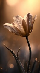 Delicate beauty of a tulip flower, bathed in warm sunlight, showcasing intricate details and water droplets.