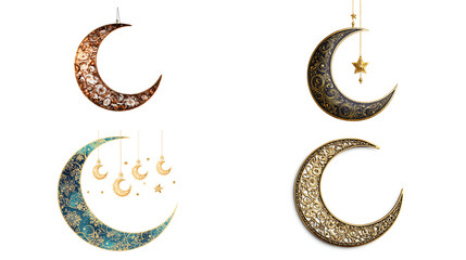 • Decorative Ramadan Mubarak Urdu wall hanging with embroidered crescent moon patterns isolated on white background in HD 
