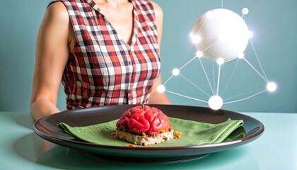 Woman presenting a brain-shaped dish on a dark plate