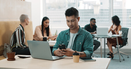 Phone, research and planning with business man in office for social media, branding manager and contact. Campaign marketing, network and text message with person and laptop for chat and app