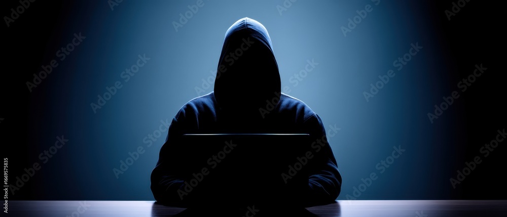 Poster the hooded hacker working on a laptop in a dark isolated cybersecurity concept