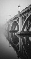 Fototapeta premium Arched bridge vanishing into fog, reflected in water