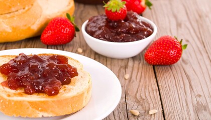 Toasted bread with strawberry jam, fresh strawberries, and a loaf of bread on a rustic wooden table