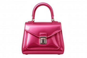 Glossy pink handbag complementing trendy ensemble with chic, sophisticated design