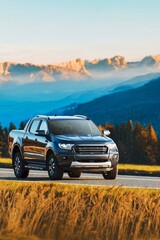 Pickup truck driving through open countryside © AlexGo