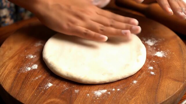 Hands preparing fresh pizza dough on floured wooden surface for baking enthusiasts