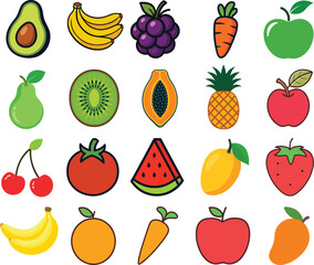 A vibrant collection of hand-drawn fruits and vegetables, including apples, bananas, berries, and carrots, presented in a playful, illustrative style.