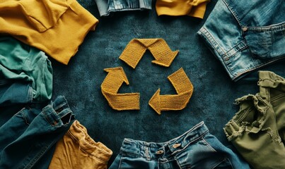 Assortment of eco-friendly garments featuring a recycling symbol. This image promotes the concept of recycling textiles and sustainable fashion practices, emphasizing eco-conscious, Generative AI
