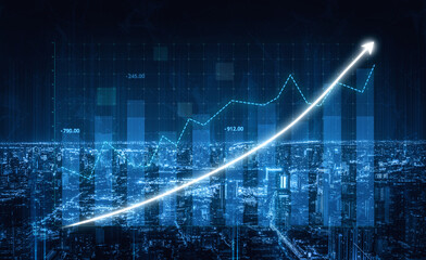 A captivating digital representation of a city skyline at night, showcasing an upward financial graph with a glowing arrow, symbolizing growth and success in business. Impute
