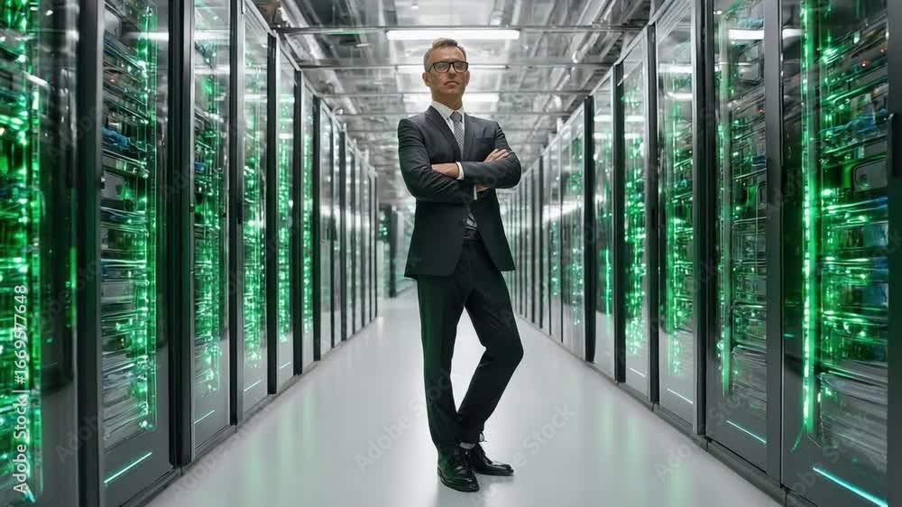 Aufkleber data center leader: a poised individual in a sharp suit stands confidently within a cutting-edge dat