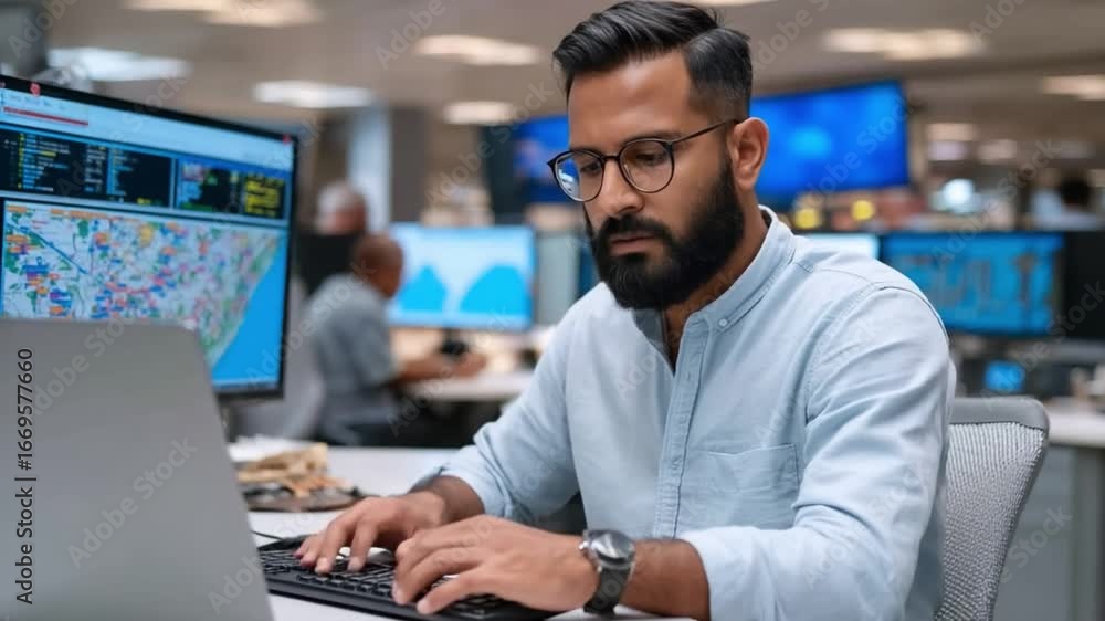 Aufkleber focused analyst at work: a concentrated analyst, immersed in a high-tech environment, diligently ope
