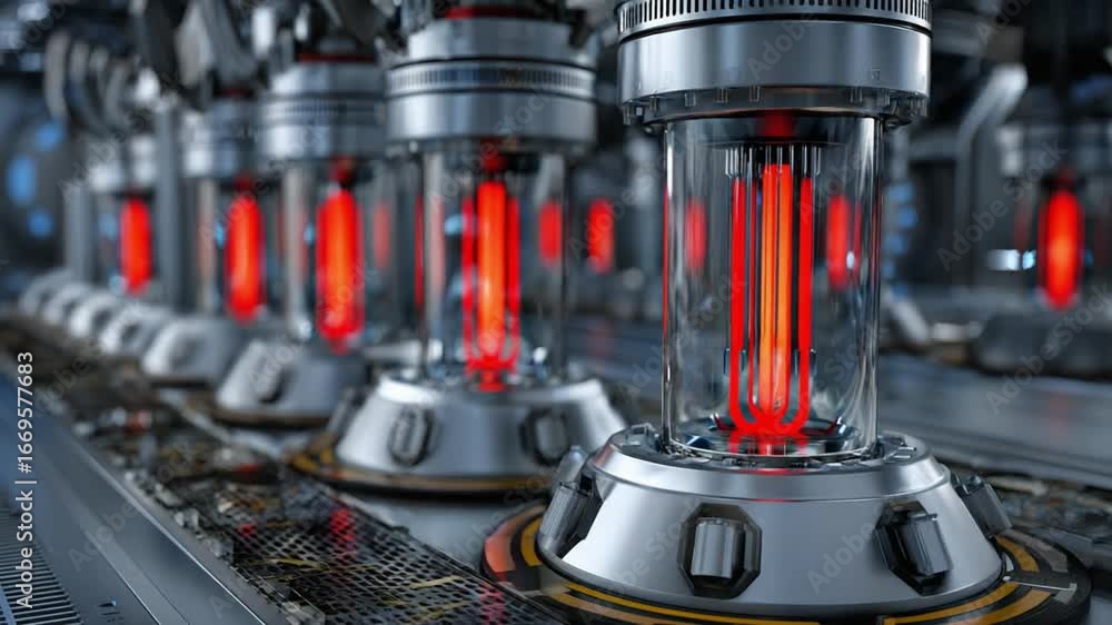 Poster industrial automation: a high-tech, futuristic image showcasing a row of advanced, glowing containme