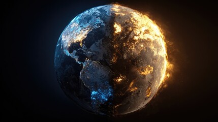 Naklejka premium Earth split, half frozen, half ablaze