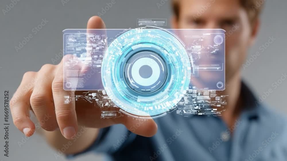 Poster tech innovation: a focused individual interacts with a holographic user interface, symbolizing techn
