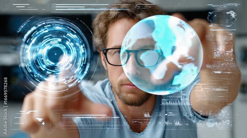 Poster visionary control: a person is immersed in an augmented reality experience, with touch-sensitive tec