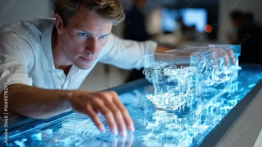 Poster technological exploration: a focused professional engages with a transparent, digital interface, man