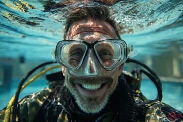 Scuba diving instructor smiling underwater during training session in a pool setting, showcasing enthusiasm for teaching and aquatic skills