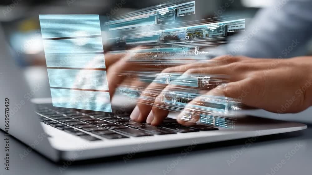 Poster digital interface: a person's hands navigate the illuminated keyboard, data streams and digital inte