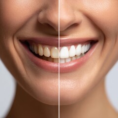 A close-up comparison reveals the striking difference before and after teeth whitening, showcasing a radiant smile transformation.