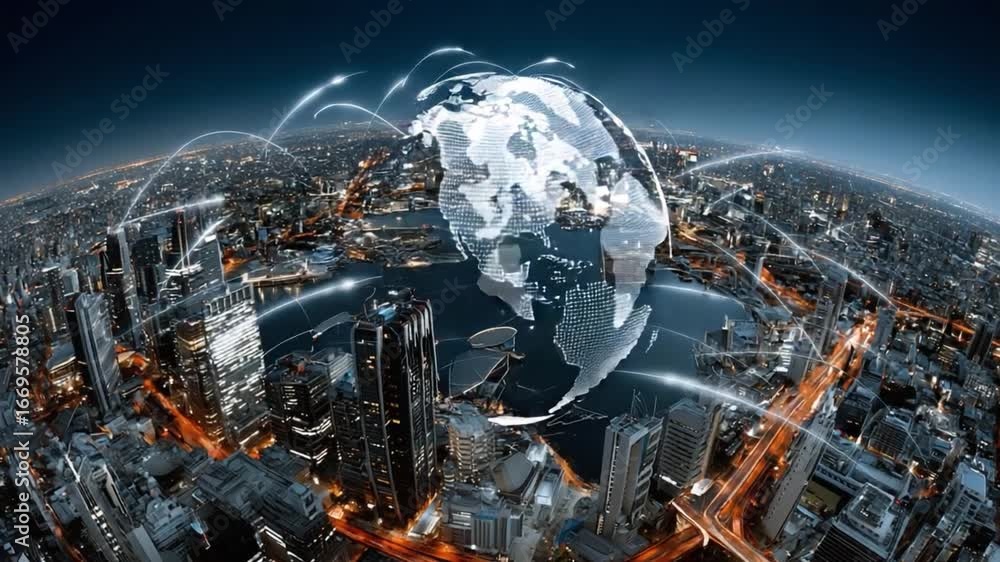 Poster global city network: a high-angle view captures a stylized globe with connected data streams above a