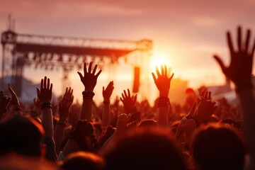 Crowd at sunset during vibrant music festival with hands raised in celebration and excitement as performers take the stage