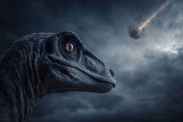 Velociraptor gazes at incoming asteroid during prehistoric chaos under dark stormy skies