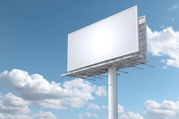 Blank marketing billboard standing tall against a clear blue sky with clouds for potential advertising space in a city location