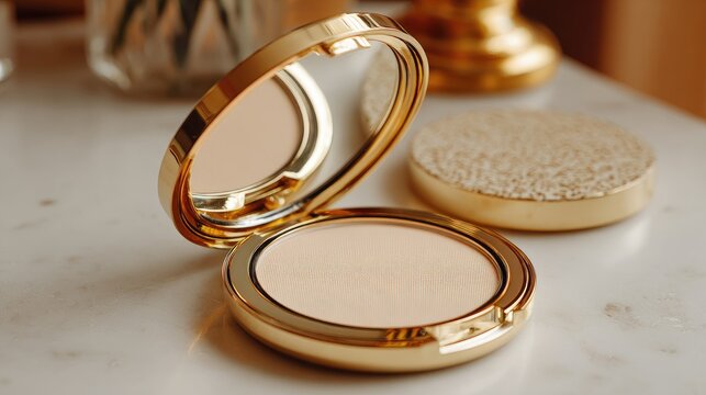 Gold compact powder with mirror open
