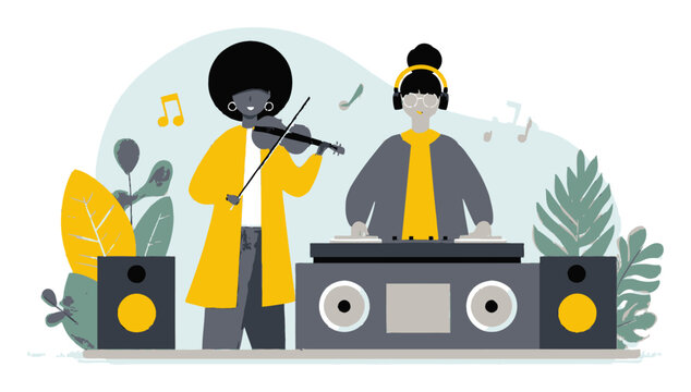 Cartoon flat illustration of musicians performing in a vibrant setting