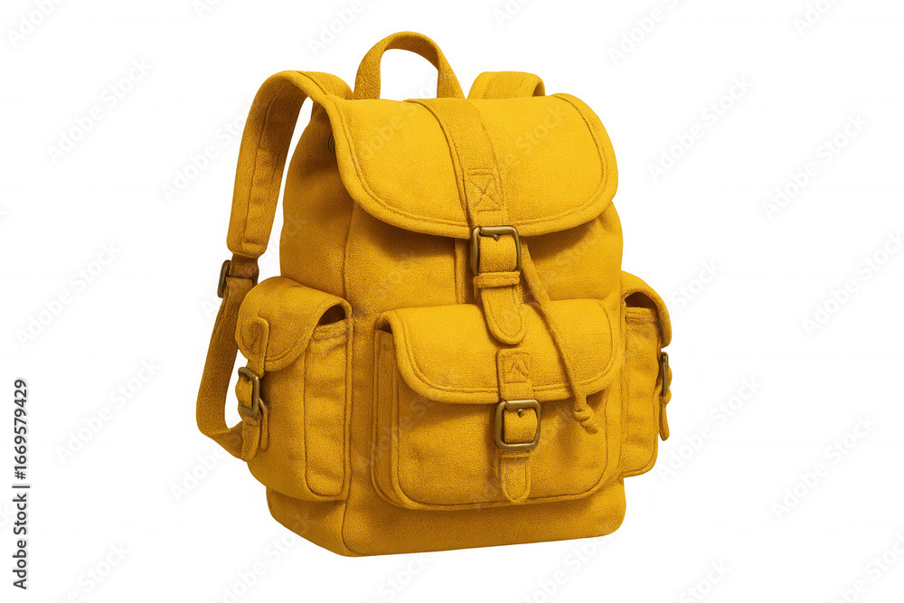 Poster studio shot of a stylish yellow backpack with multiple pockets and buckles, isolated on a transparen