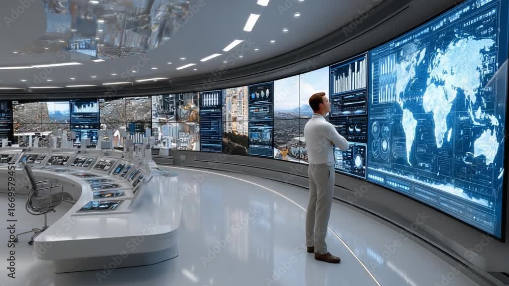 Poster technology control room: a focused individual stands before an array of dynamic screens, immersed in