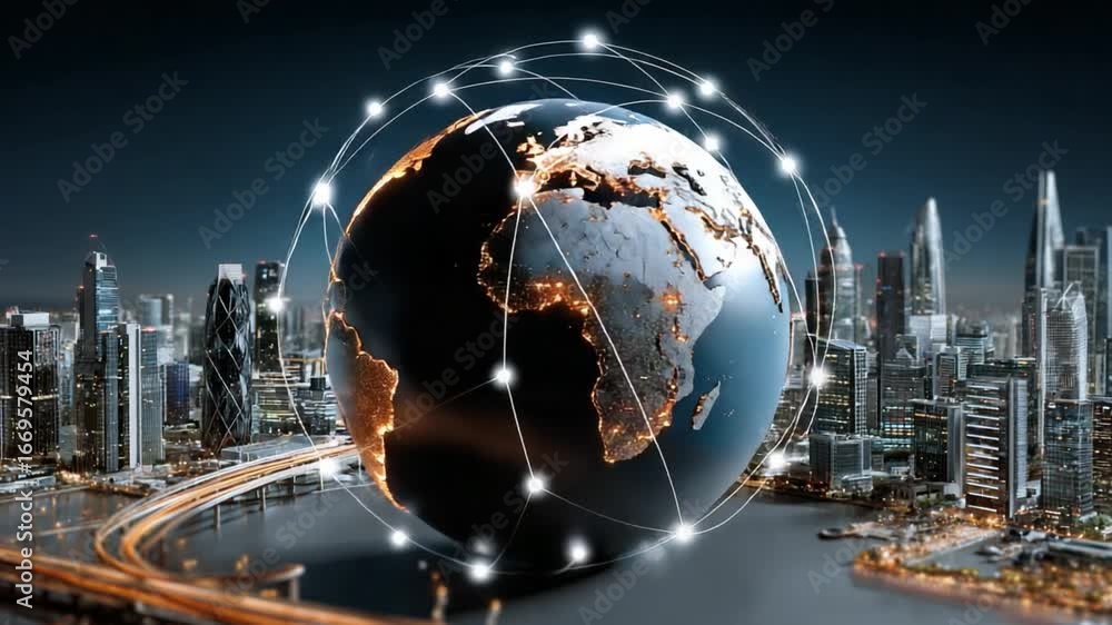 Poster global network in cityscape: the world interconnected, a network of lines of light encircles the glo