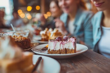 People enjoying dessert and each other's company at a cafe during a lively afternoon filled with laughter and delicious treats