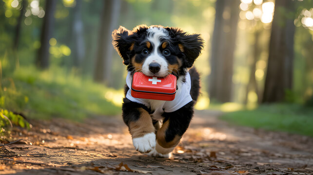 A cute bernese mountain dog puppy running with a first aid kit in its mouth on a forest path, offering a playful and helpful rescue scene
