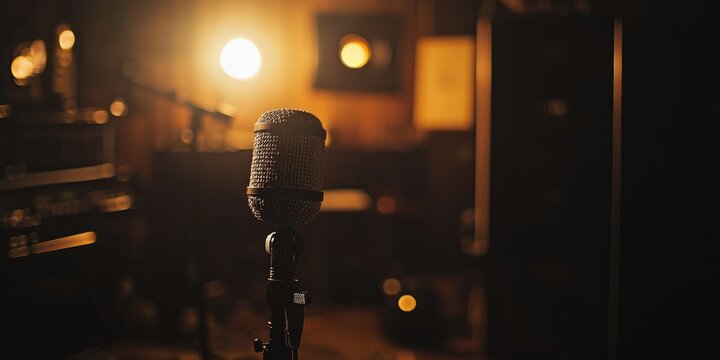 Late-night podcast recording with moody ambient lights Stock photo