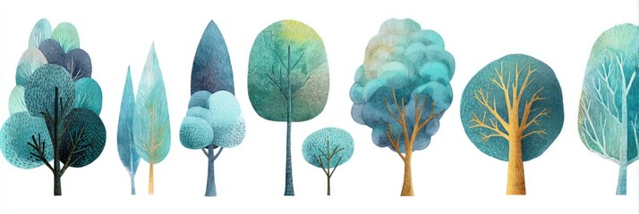 Collection of stylized teal and gold trees