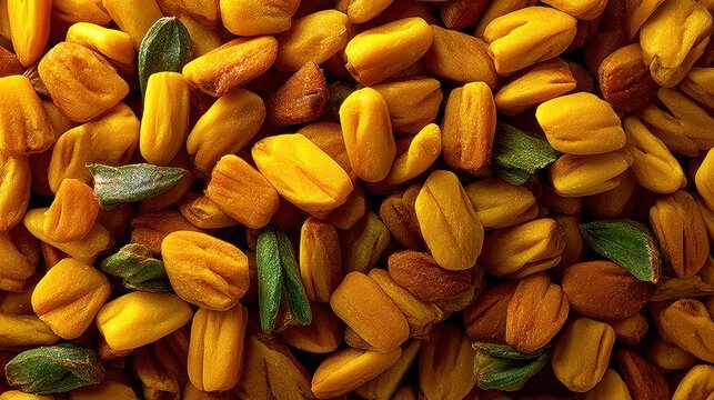 Close-Up View of Vibrant Yellow Seeds with Green Accents on Display