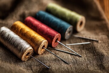 Colorful threads and needles arranged on rustic fabric for sewing projects, curated sewing accessories showcasing texture and vibrant hues in a craft workspace