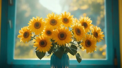 Bright yellow sunflower bouquet in blue vase on windowsill with soft natural light creating warm and cheerful summer atmosphere in cozy room filled with flower beauty and bright colors - Powered by Adobe