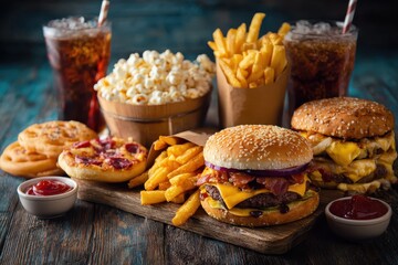 Assorted platter of American junk food featuring burgers, fries, popcorn, and sodas displayed on a rustic wooden table