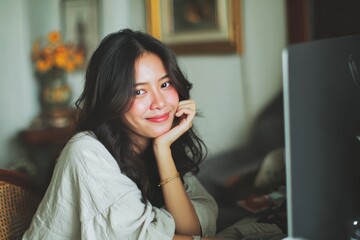Happy Asian woman enjoys working on her computer at home, showcasing a cozy and comfortable atmosphere in her living space