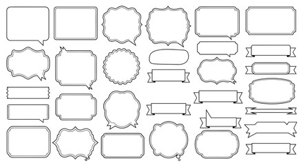 A collection of various decorative speech bubbles and banner shapes, presented in a clean, white, line-art style.