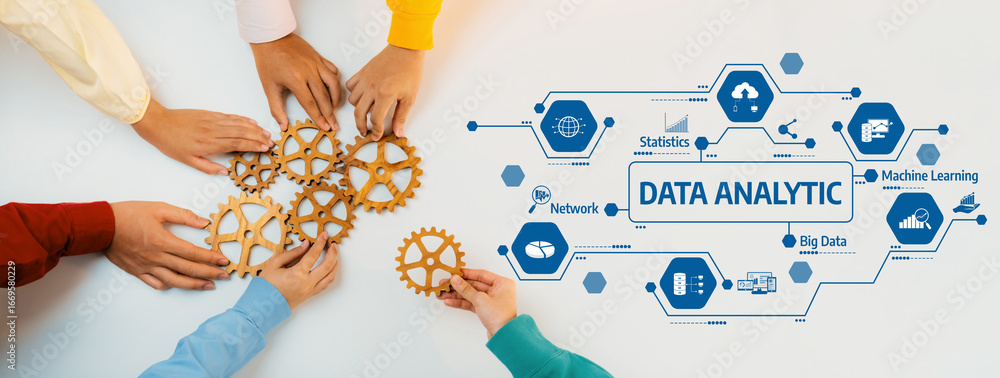 Aufkleber collaborative hands working together on gears with data analytic icons representing technology and i