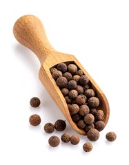 Wooden scoop of peppercorns on white