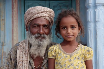 Old Indian father with young girl standing together outside a blue house showcasing love and connection in a rural village setting