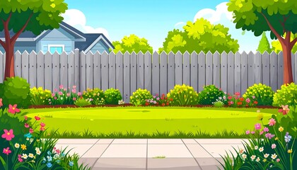 Cartoon backyard with fence with lawn, and flowers.