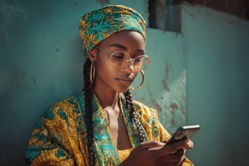African woman uses her phone while wearing a colorful headwrap and stylish glasses in a vibrant urban setting during the afternoon
